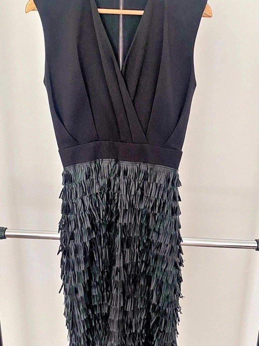 Black Midi Dress with Faux Leather Fringe & Exposed Back Zip - Size M
